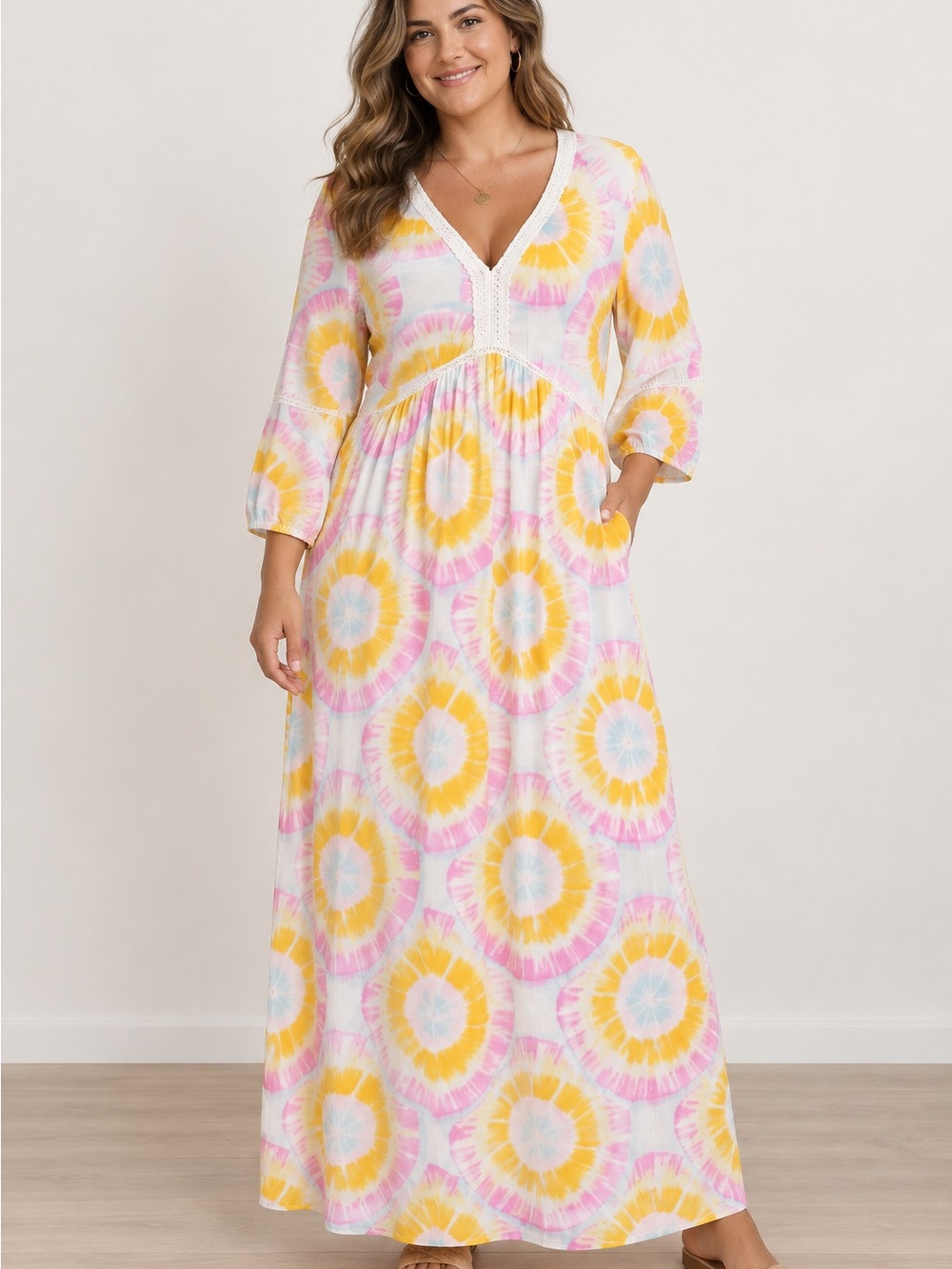 Crown & Ivy Tie-Dye Maxi Dress, featuring vibrant yellow, orange pink xl